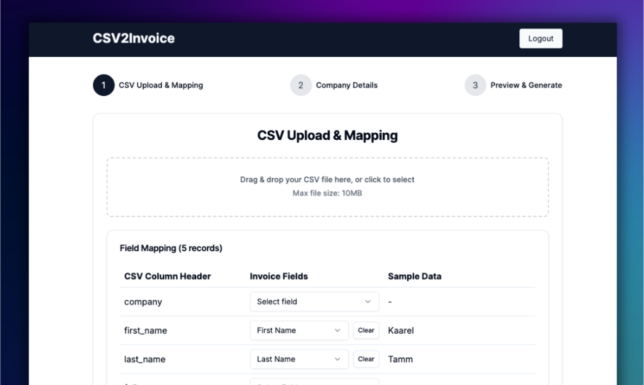 CSV2Invoice Eventbrite CSV upload interface showing automatic field mapping from transaction data to invoice fields