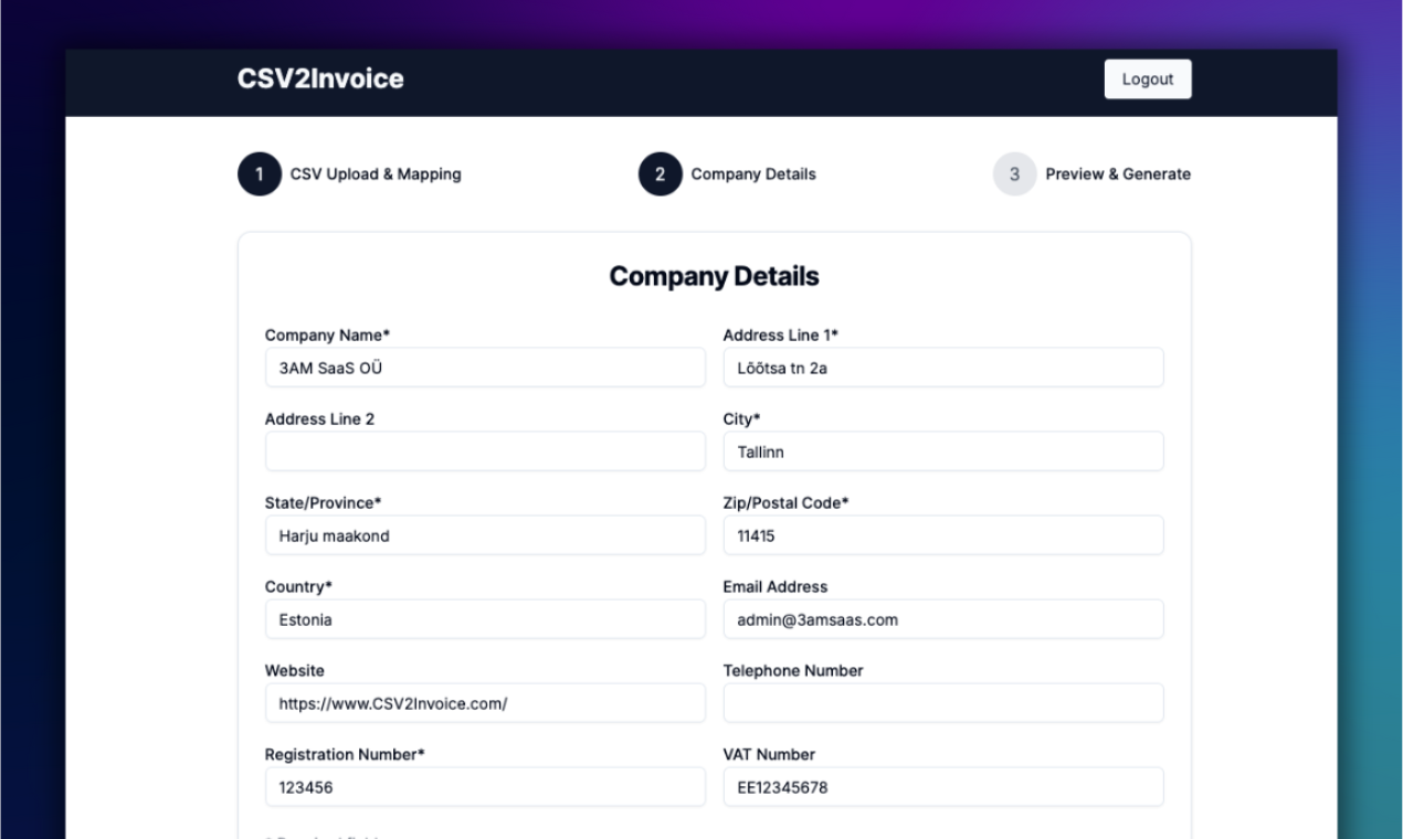 CSV2Invoice company details form for adding business name, VAT number, and address to Eventbrite invoices