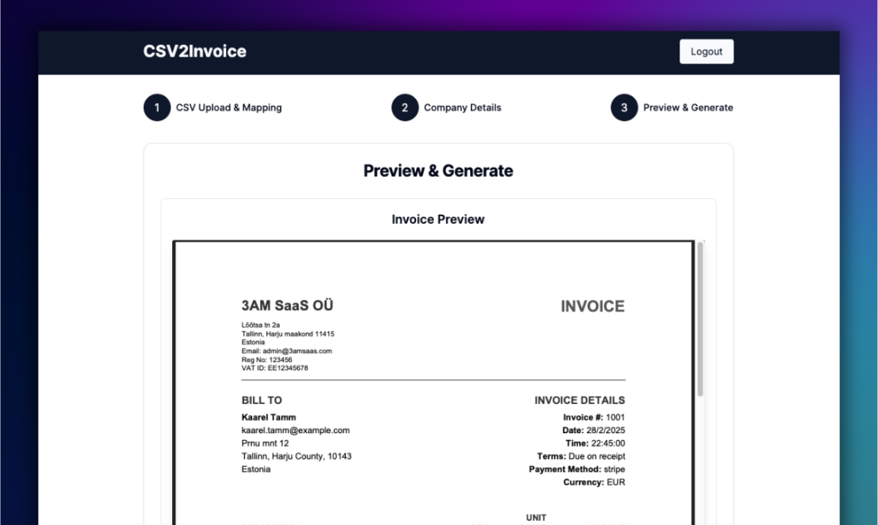 CSV2Invoice bulk download showing ZIP file with hundreds of EU-compliant Eventbrite PDF invoices with sequential numbering